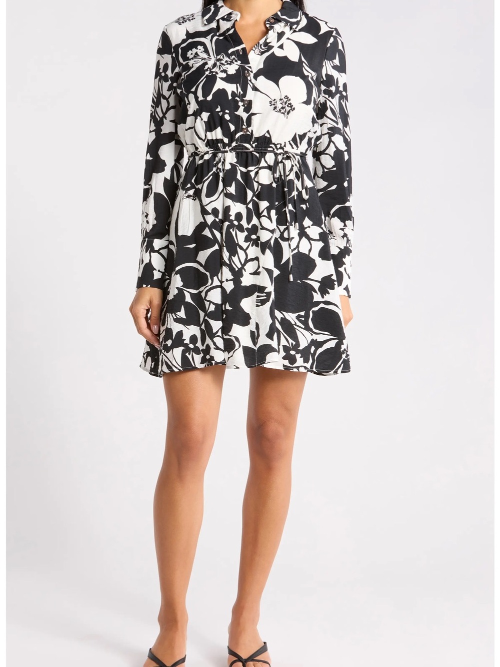 Sam Edelman Black & White Floral Long-Sleeve Shirt Dress